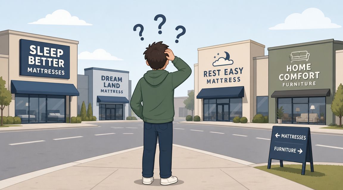A confused person standing on a sidewalk looking at multiple mattress and furniture stores on a street.