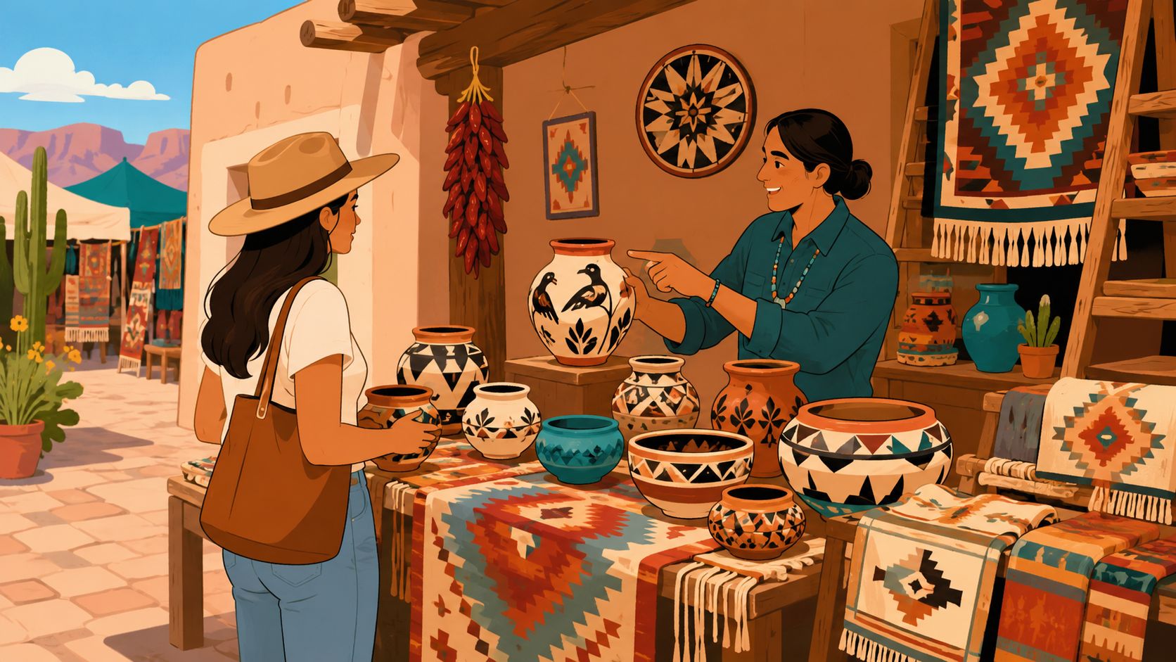 An artisan selling handmade pottery and woven textiles at a sunny outdoor market in New Mexico.