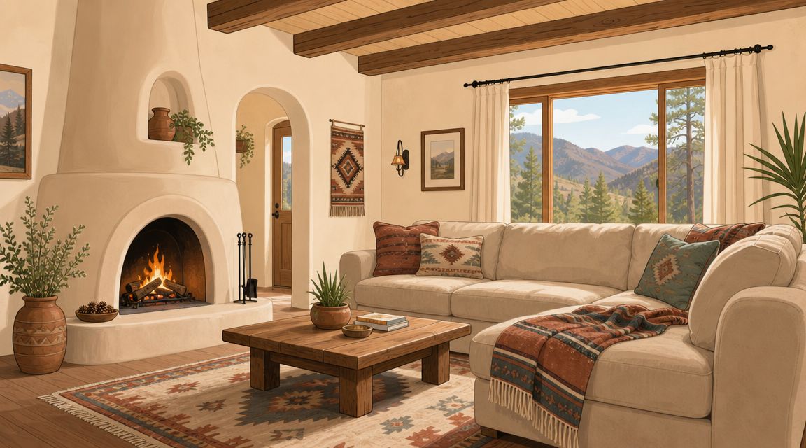 A cozy, sunlit Southwestern style living room with a fireplace, rustic furniture, and mountain views through windows.