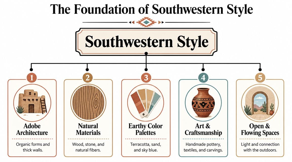 A diagram outlining the five key foundations of Southwestern interior design style with icons and descriptions.