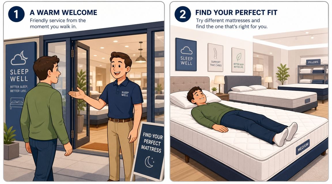 A customer receives a warm welcome and tests mattresses in a friendly, professional sleep store showroom.