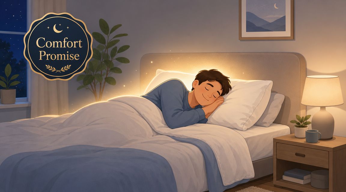A peaceful illustration of a man sleeping soundly in a cozy bed under a soft, golden glow.