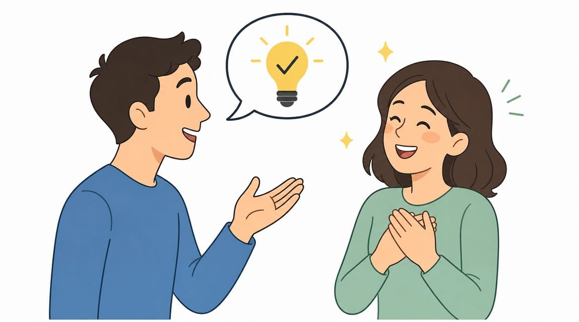 A man explaining an idea to a happy woman during a sleep consultation session.