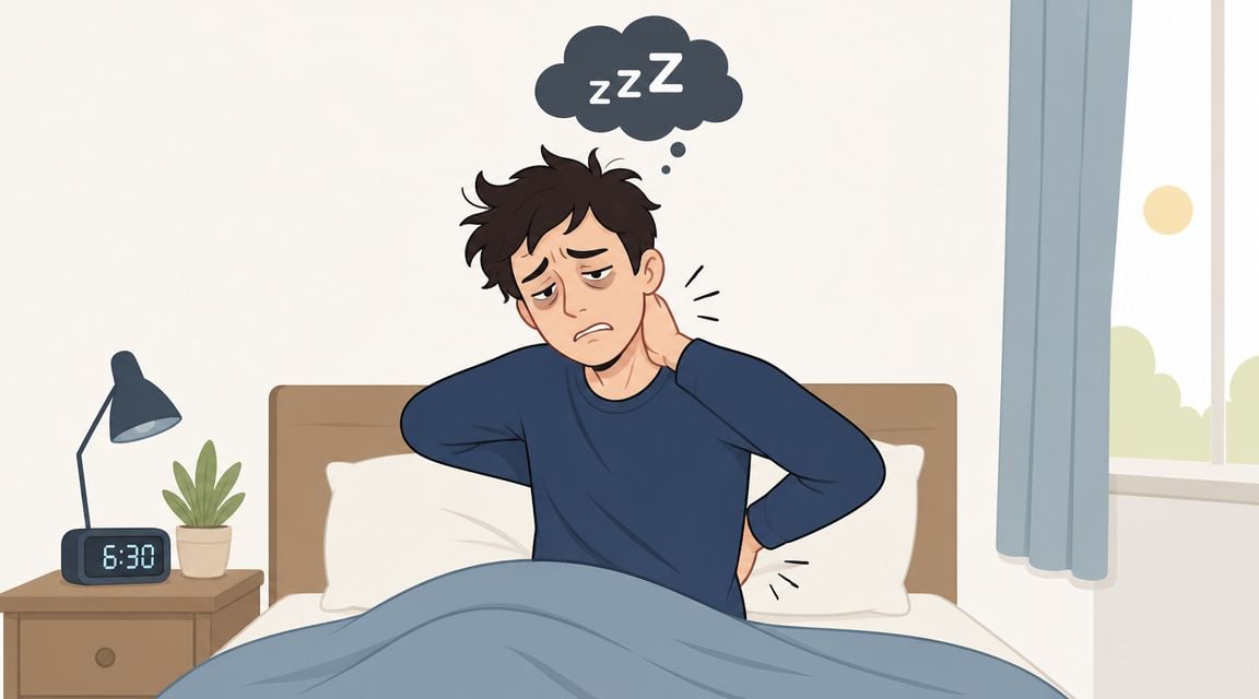 A man waking up in bed feeling tired and experiencing neck and back pain.