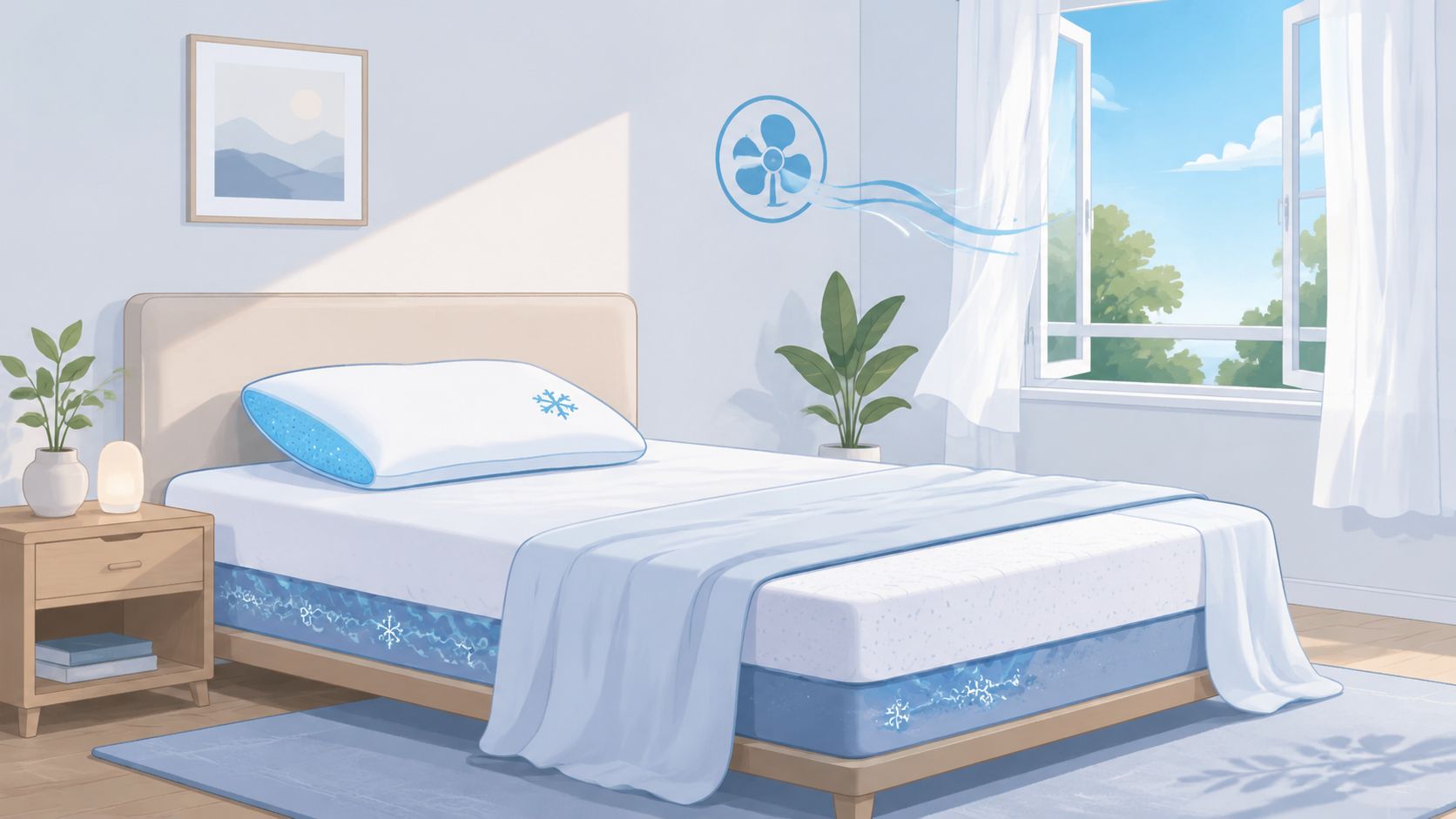 A cozy bedroom featuring a cooling pillow and mattress with illustrated snowflake motifs by an open window.