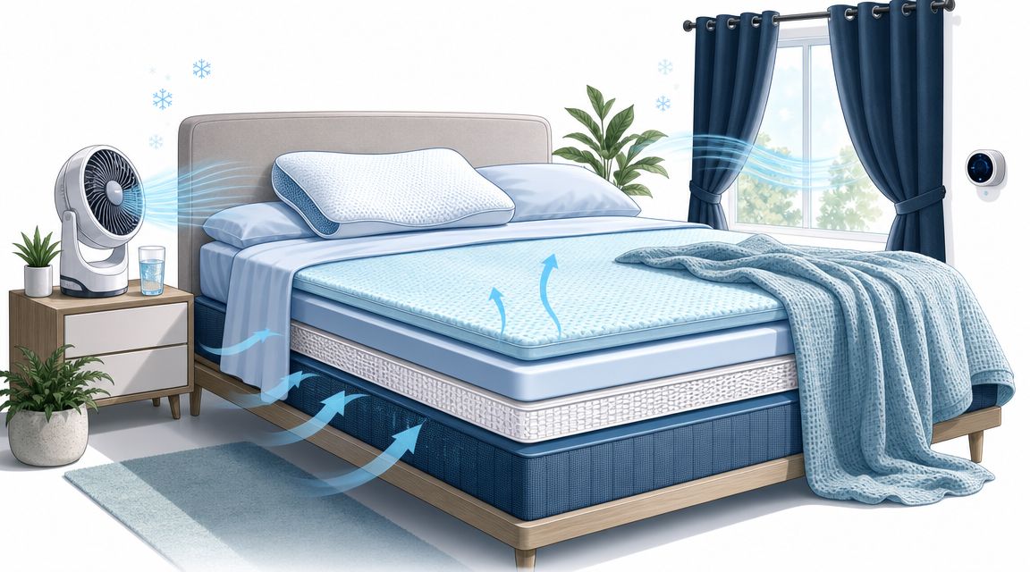 A modern bedroom with a cooling mattress, fan, and ventilation to help people sleep cooler at night.