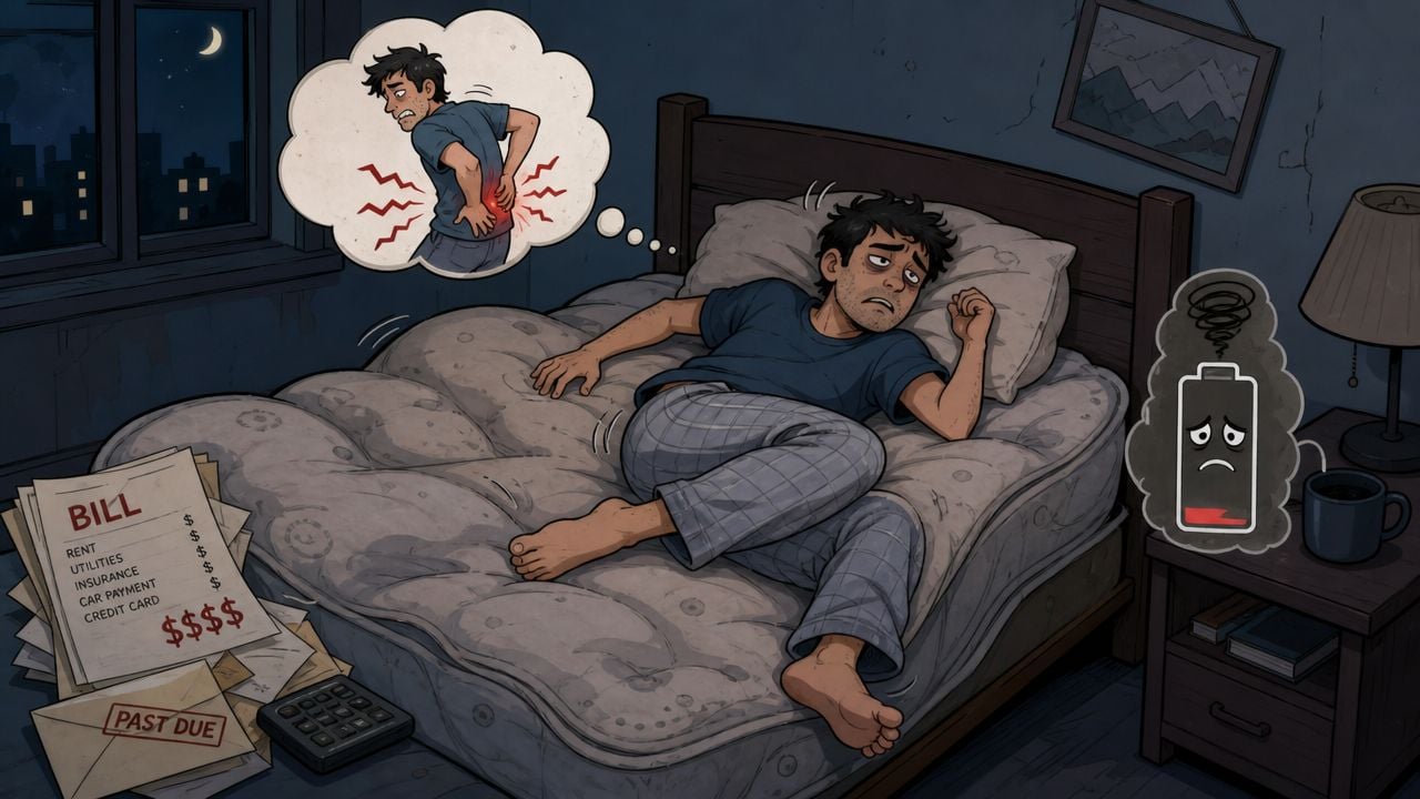 A tired, stressed man in bed thinking about back pain and financial bills in a dark room.
