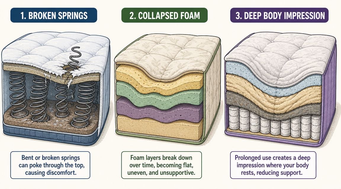 A cross-section illustration showing three common mattress issues including broken springs, collapsed foam, and deep body impressions.