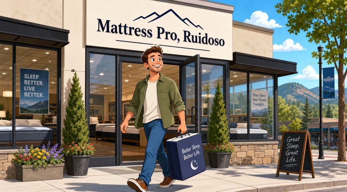 A happy man walks out of Mattress Pro Ruidoso store carrying a new mattress accessory bag.