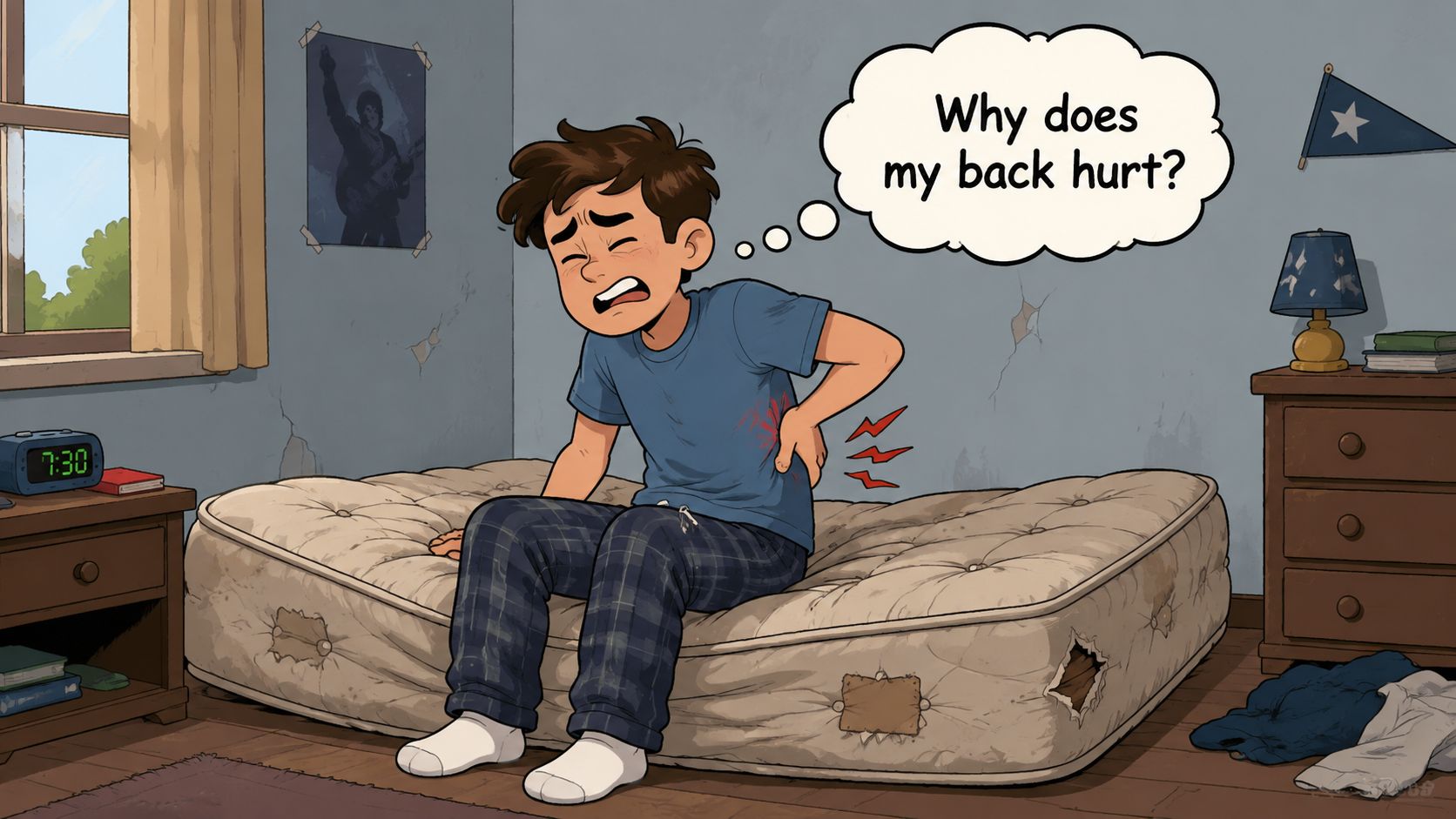 A boy sitting on a worn, lumpy mattress looking distressed while clutching his aching lower back.