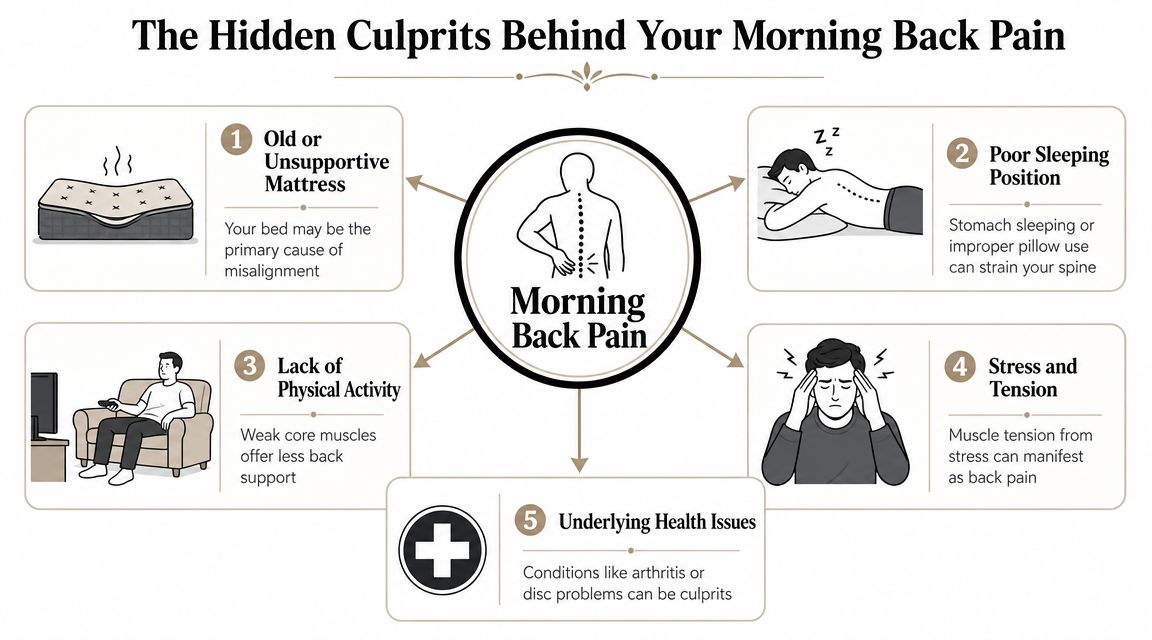 An infographic detailing five common causes of morning back pain including mattress quality and sleep position.