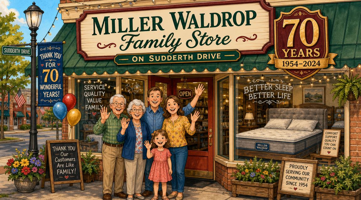 A multi-generational family waving in front of the Miller Waldrop furniture store celebrating seventy years in business.