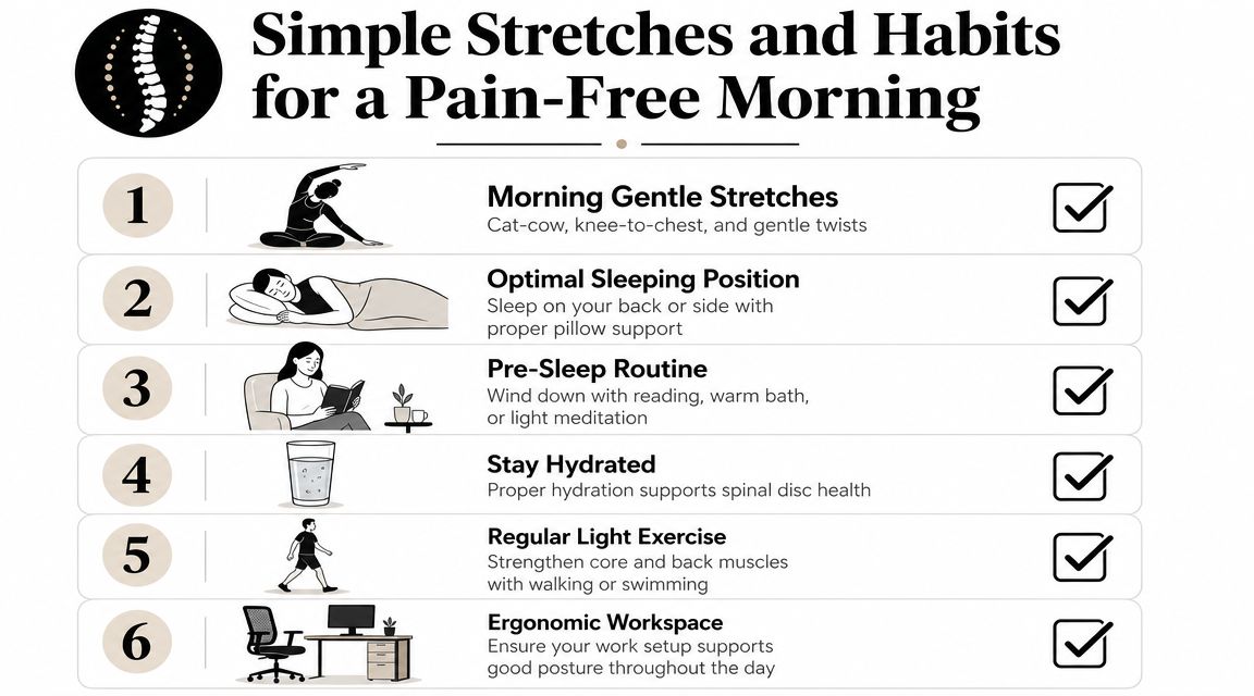A numbered list infographic titled Simple Stretches and Habits for a Pain-Free Morning offering back care tips.