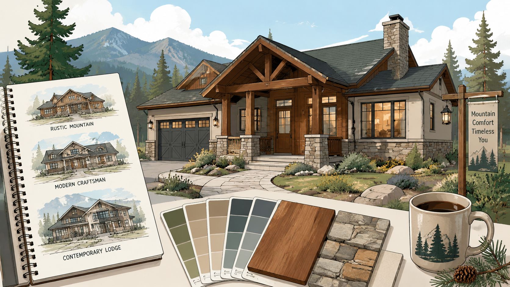 A scenic mountain home architectural design project featuring a house, sketches, color swatches, and a coffee mug.