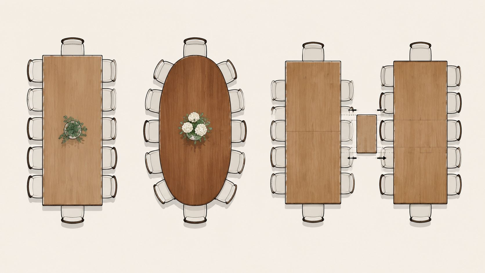 Top down view of four different styles of dining tables with chairs arranged around them