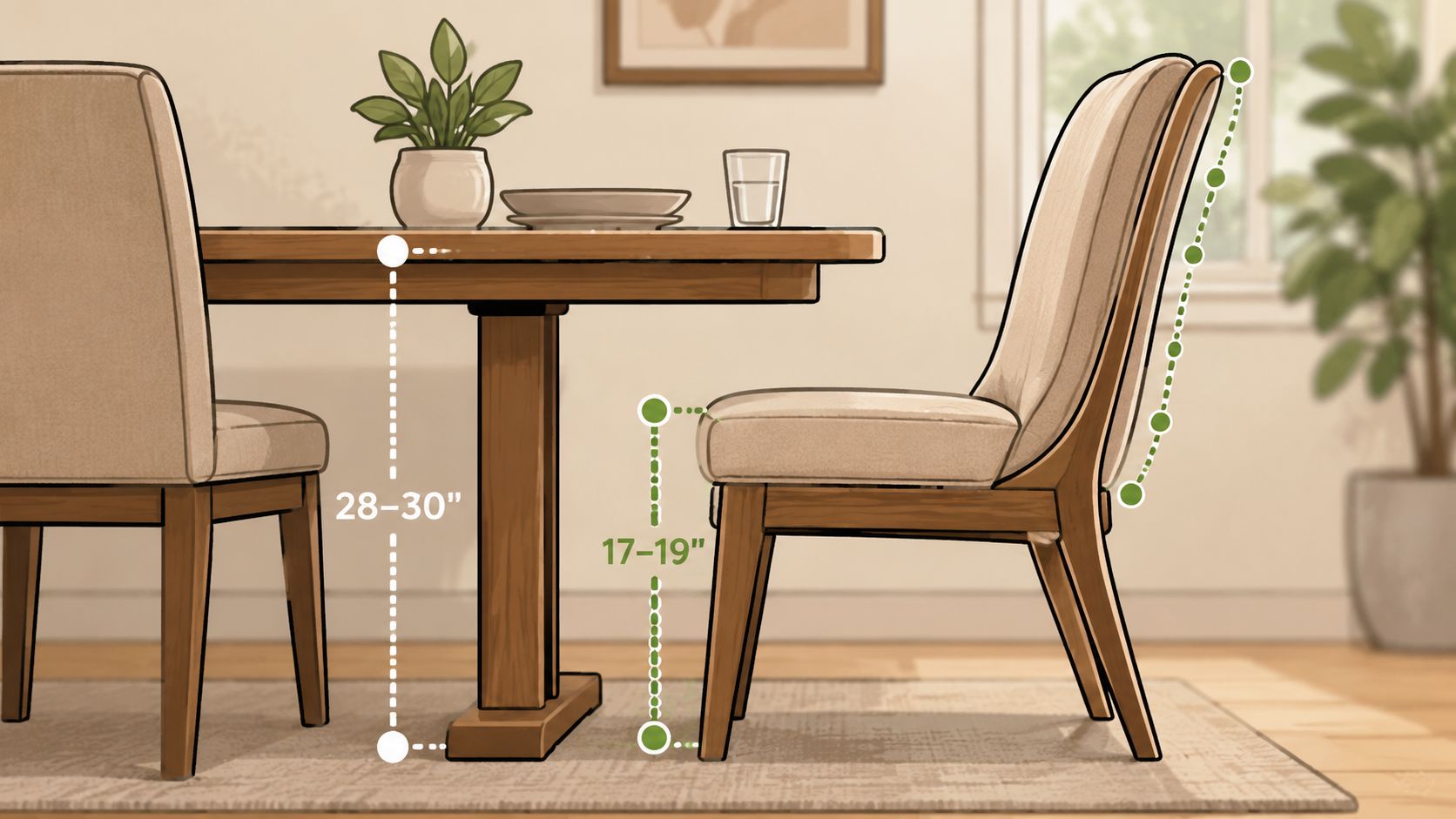 A diagram demonstrating ideal height measurements for a dining table and chair set in a home.