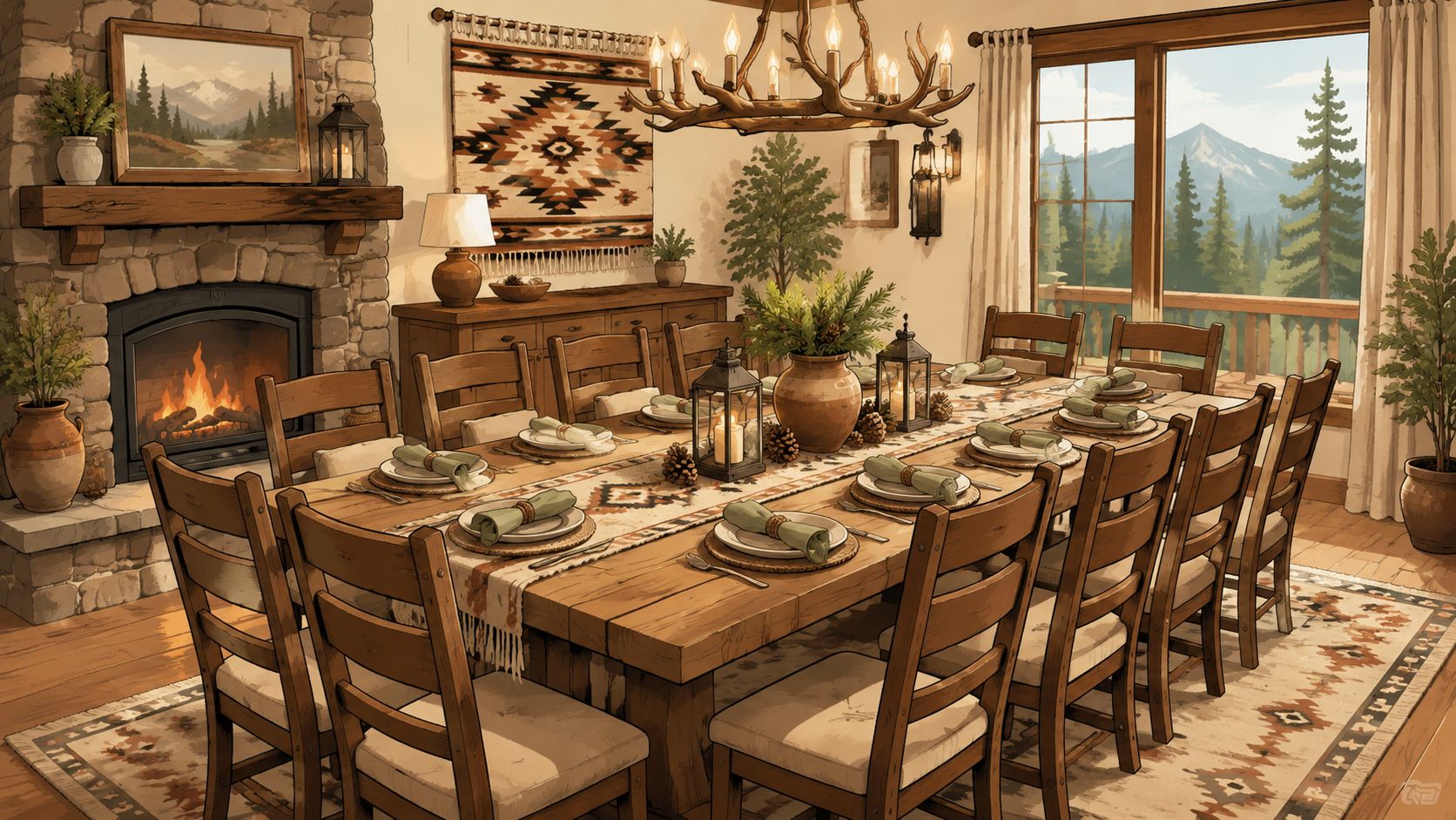 A rustic dining room featuring a ten-chair table, stone fireplace, and mountain view through large windows.