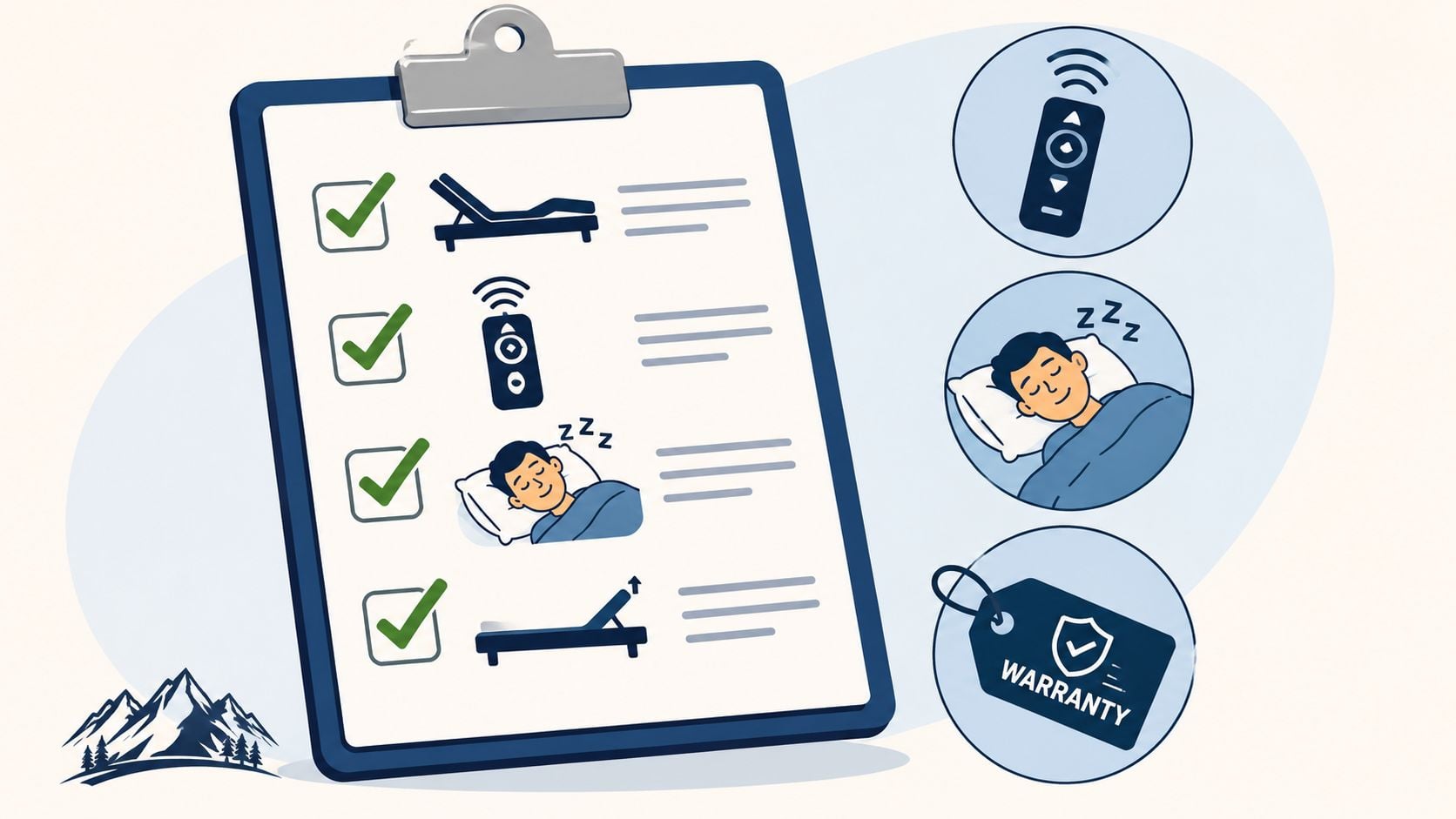 A clipboard checklist featuring features of an adjustable bed including remote control, sleep comfort, and product warranty.