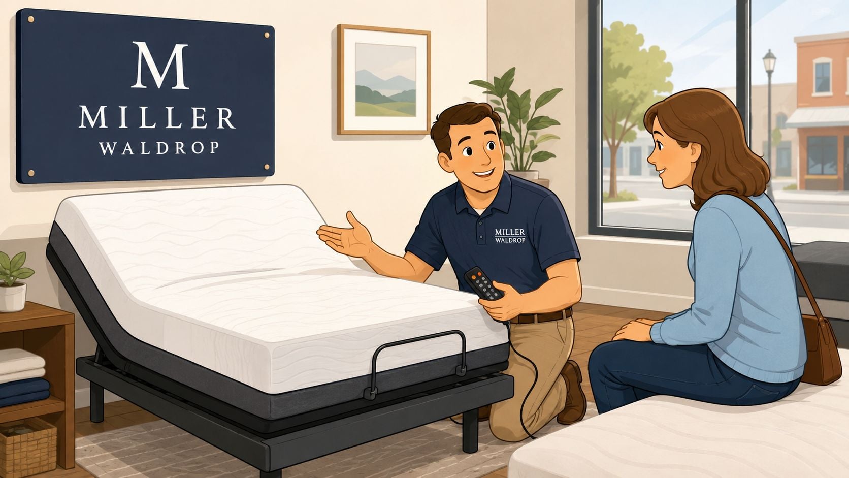 A store associate demonstrating an adjustable bed frame to a female customer in a furniture showroom.
