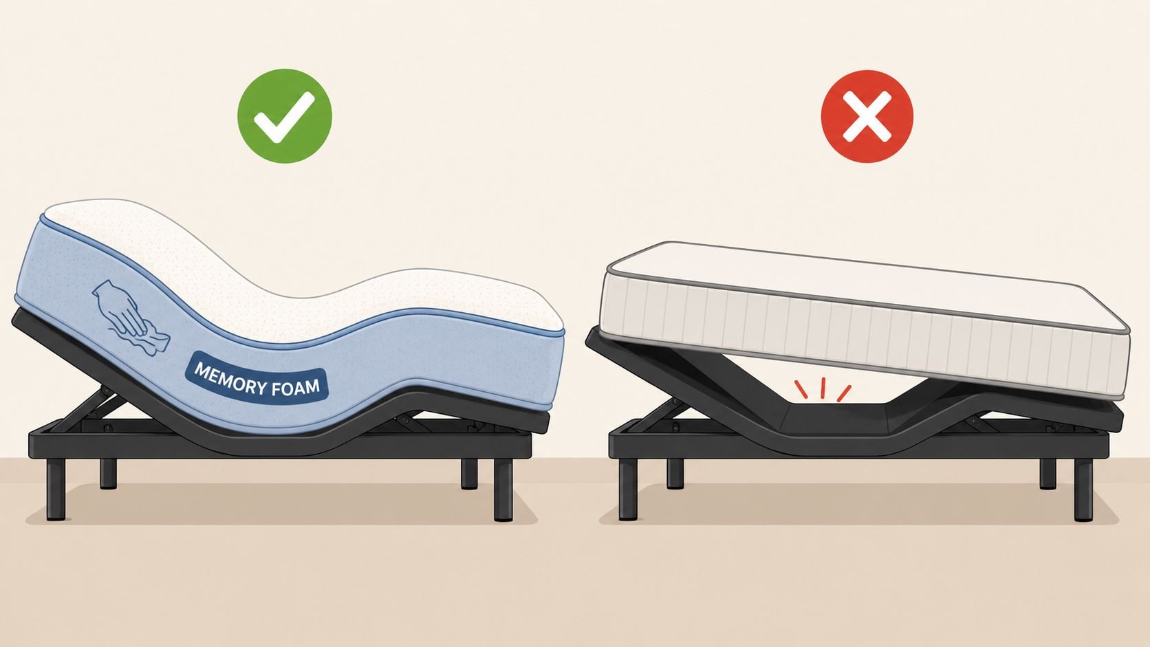 A comparison showing a flexible memory foam mattress on an adjustable bed frame versus a rigid spring mattress.