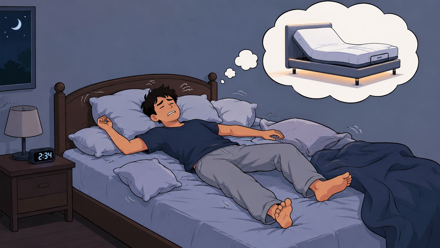 A person struggling to sleep in a flat bed, dreaming of a comfortable modern adjustable bed frame.