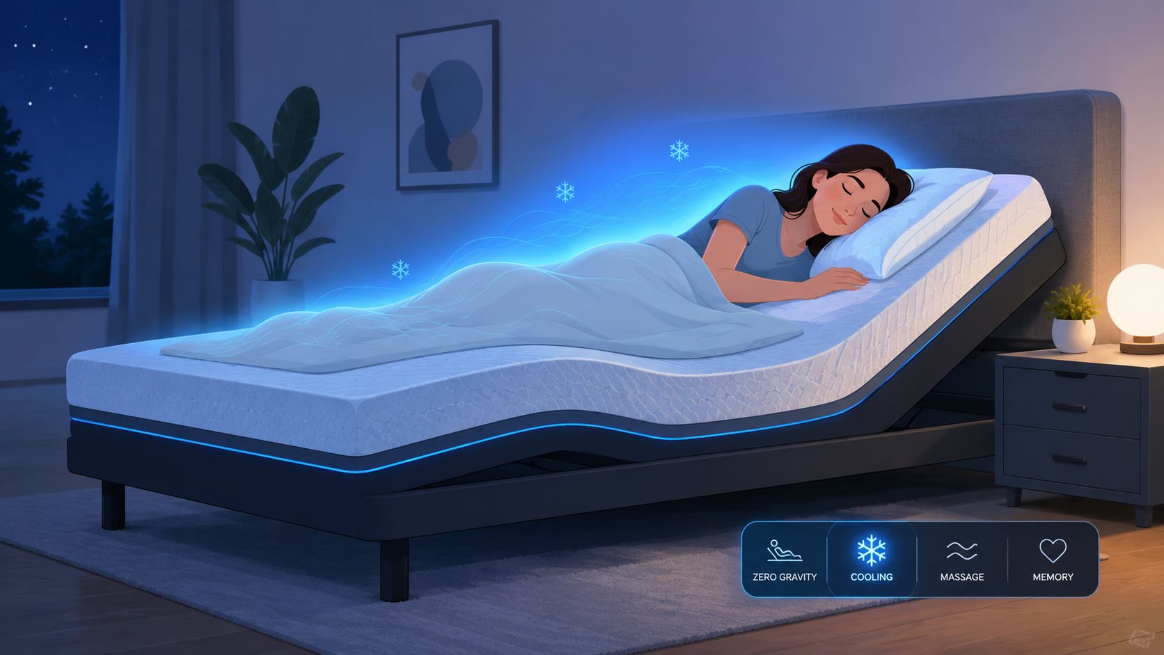 A woman sleeping comfortably on an adjustable smart bed featuring cooling technology and various relaxation settings.