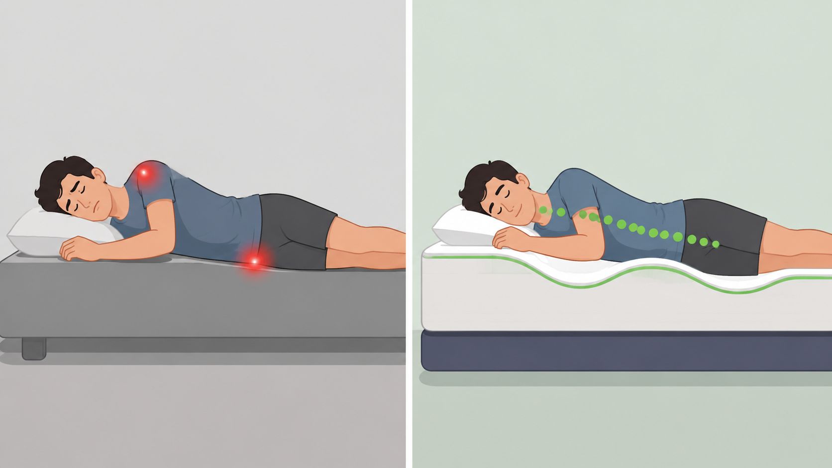 A side-by-side comparison showing the difference between a poor and a supportive mattress for spinal alignment.