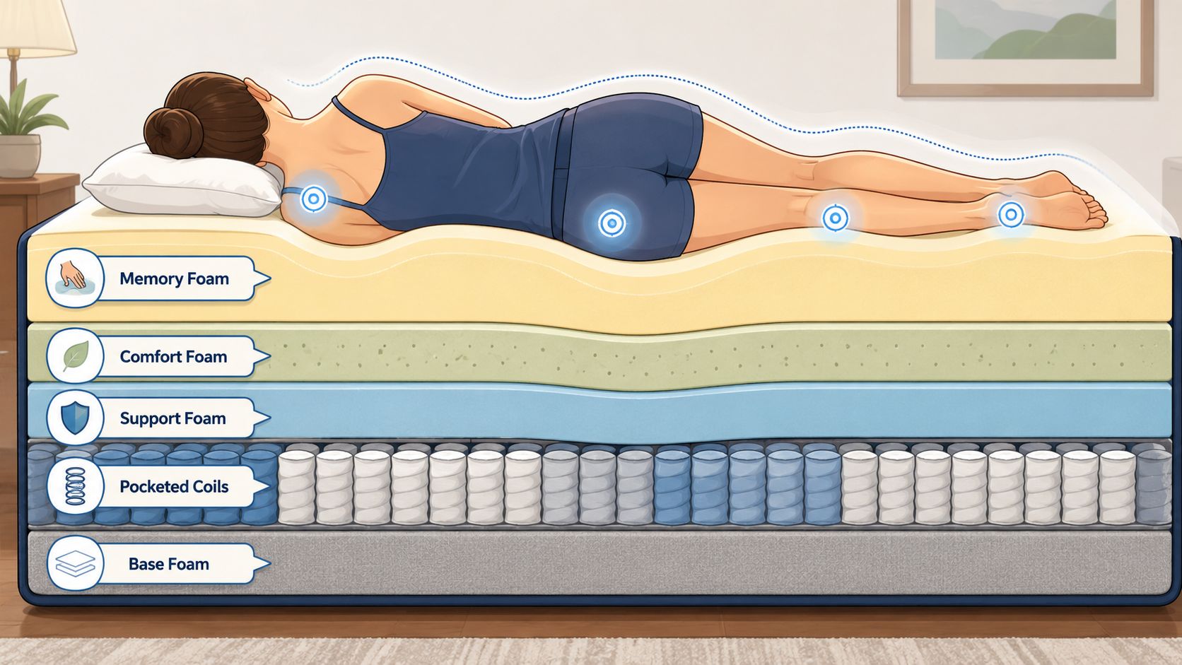 A side view diagram of a mattress showing multiple layers of foam and pocketed coils supporting a woman.