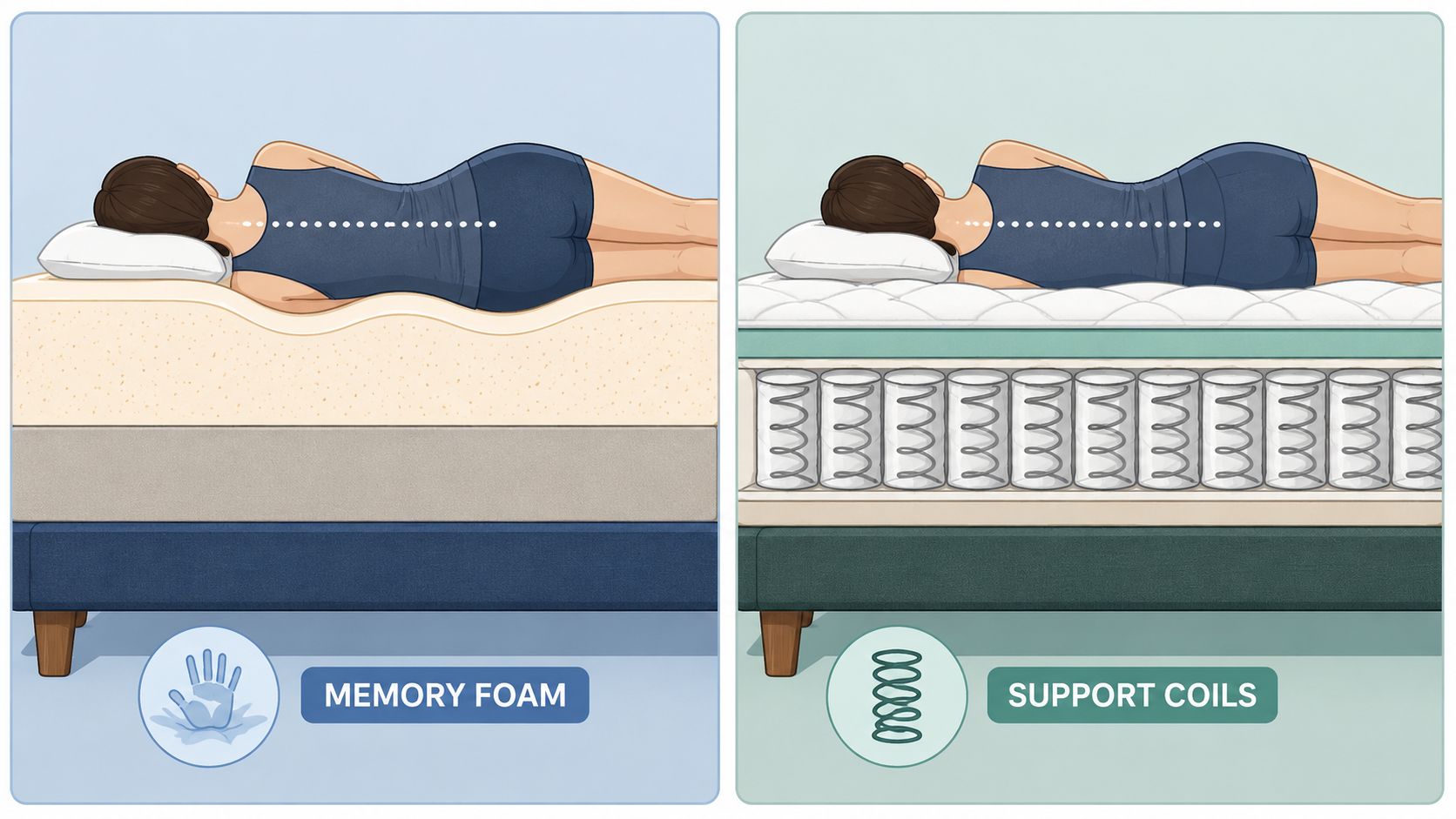 A side-by-side comparison showing how memory foam and pocketed support coils distribute weight for spinal alignment.