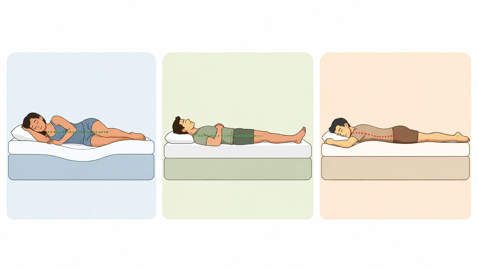 A diagram comparing three different sleeping positions on a mattress to show spinal alignment and posture.