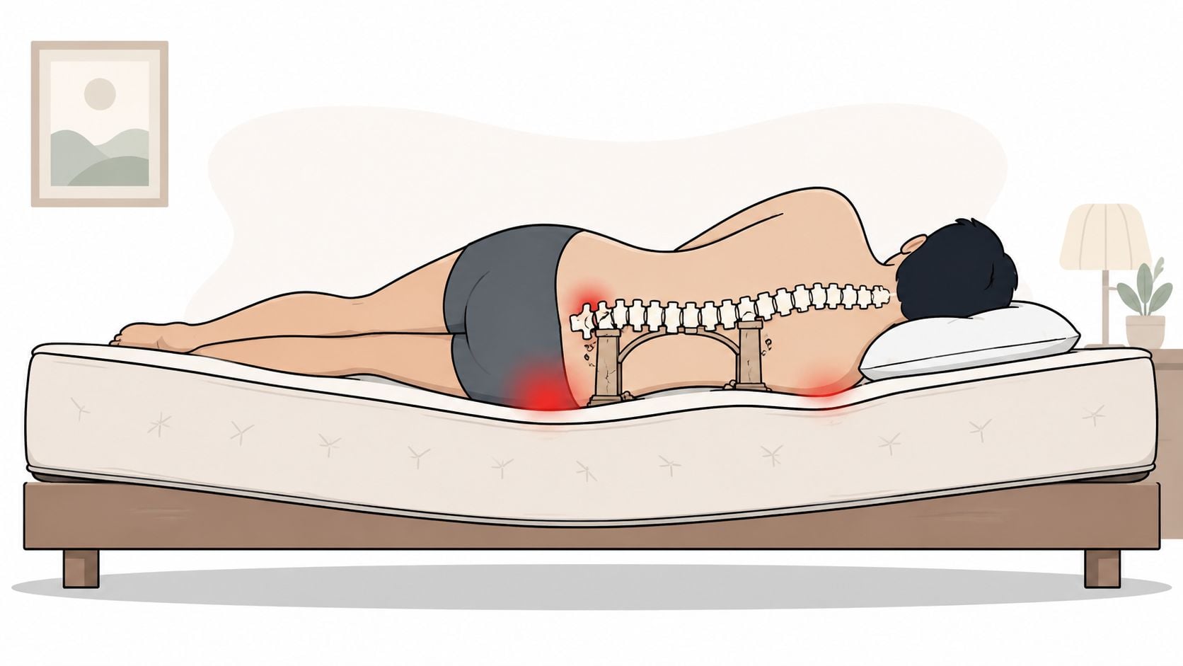 A person lying on a sagging mattress causing spinal misalignment and pain in the lower back and hips.