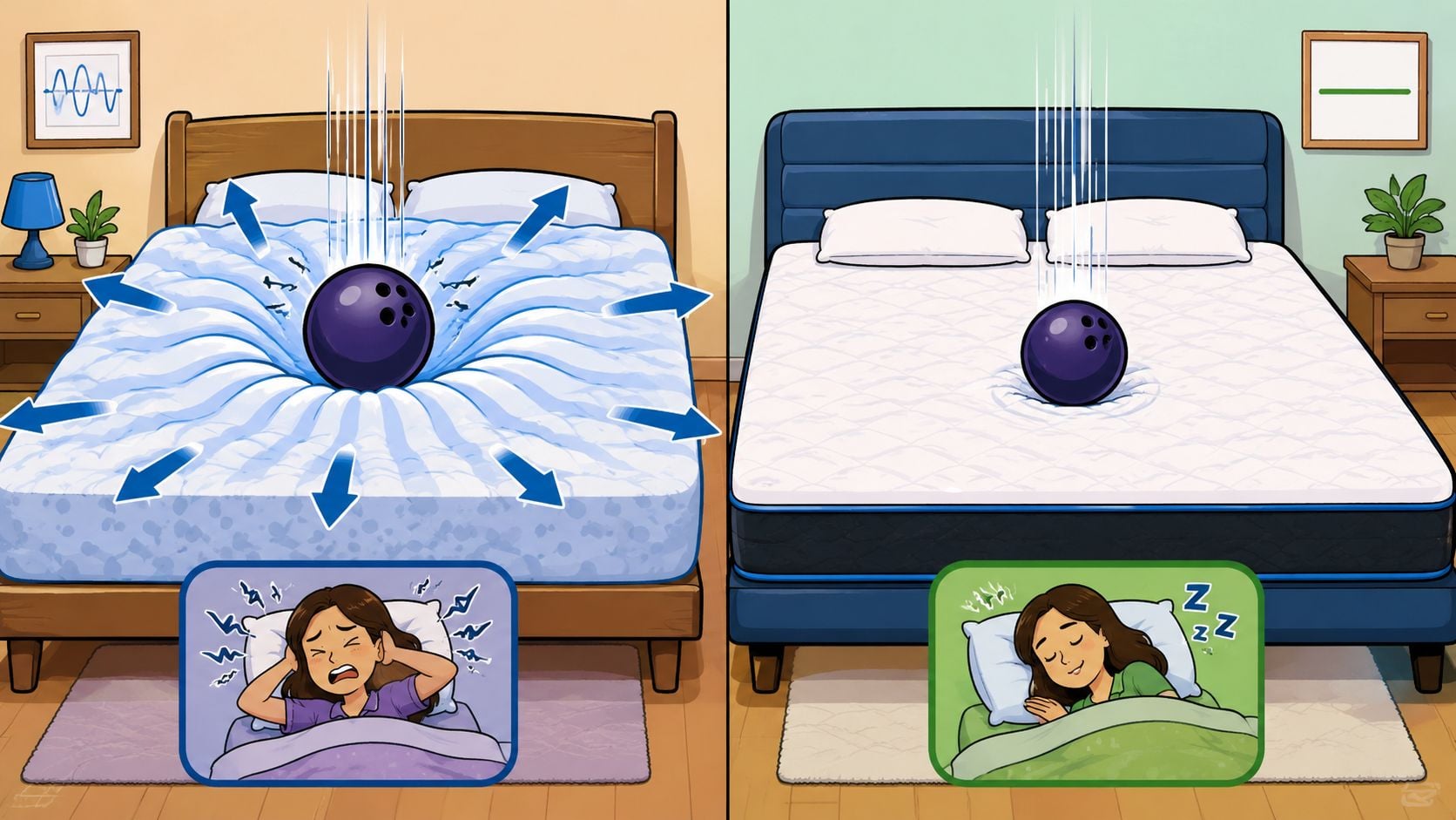 A comparison showing a mattress with poor motion isolation versus one with excellent motion isolation features.