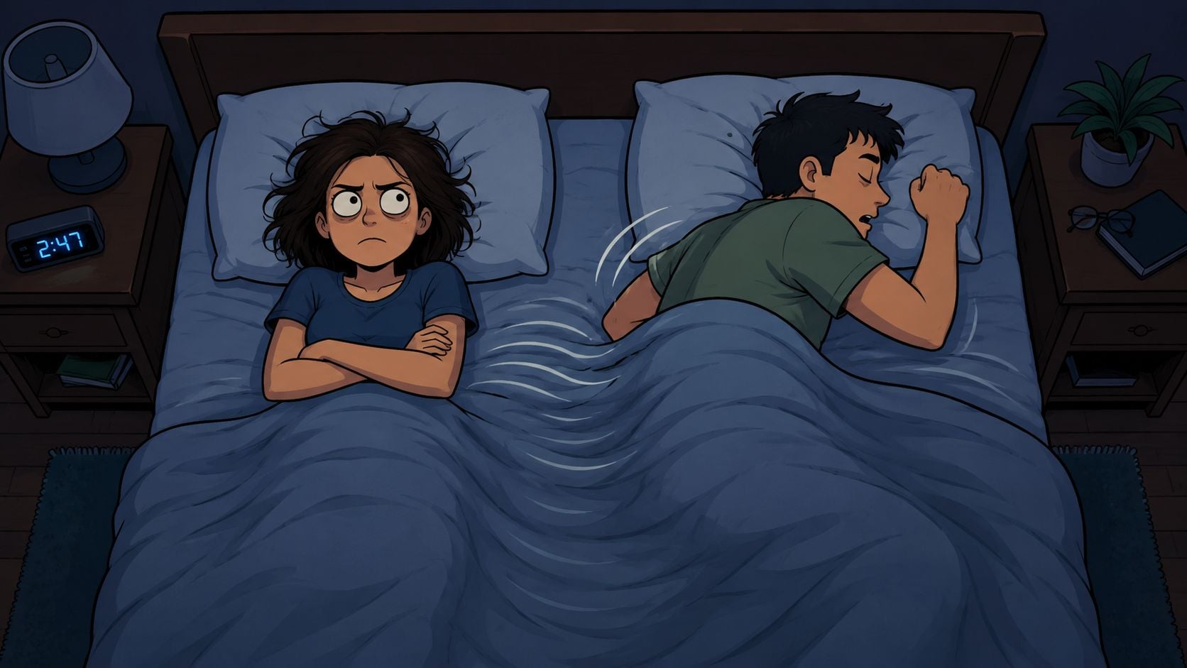 A woman lying awake in bed, frustrated by her partner's movement causing the mattress to shake.