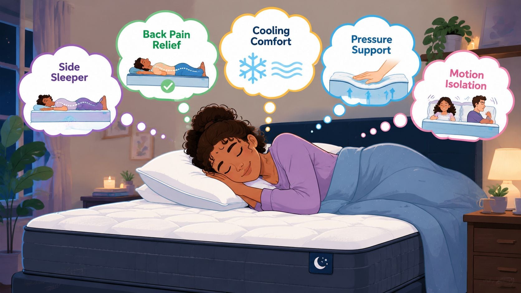 A woman sleeping comfortably on a plush mattress surrounded by thought bubbles illustrating key mattress sleep benefits.