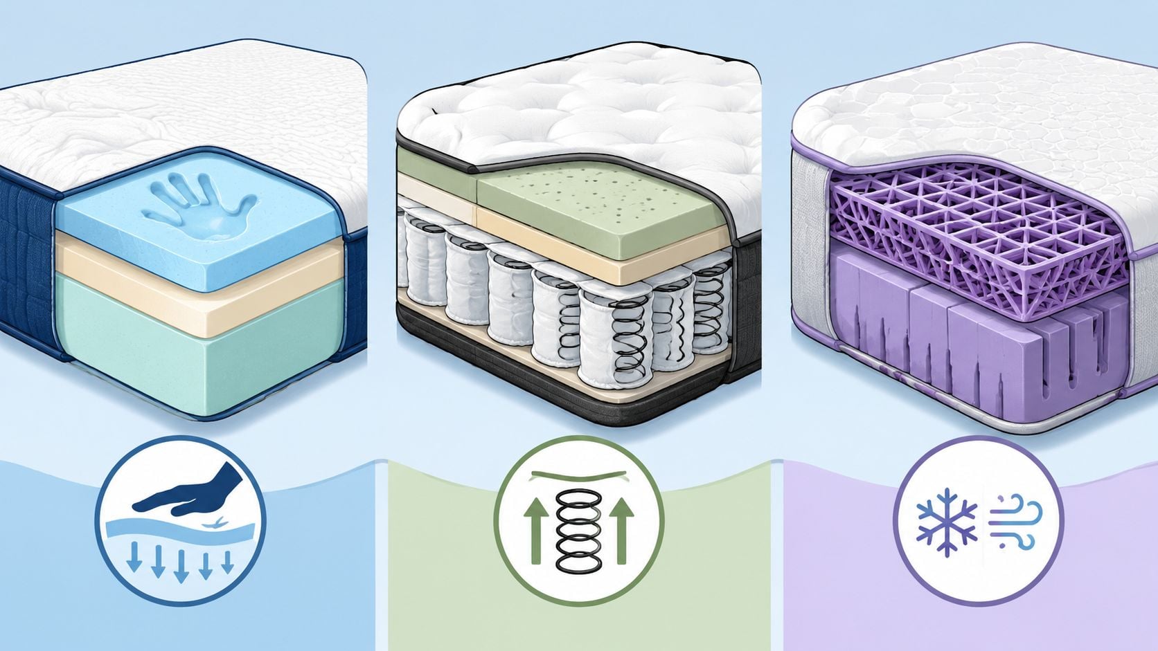 A cross-section illustration showing three different mattress types: memory foam, pocket springs, and a cooling grid.