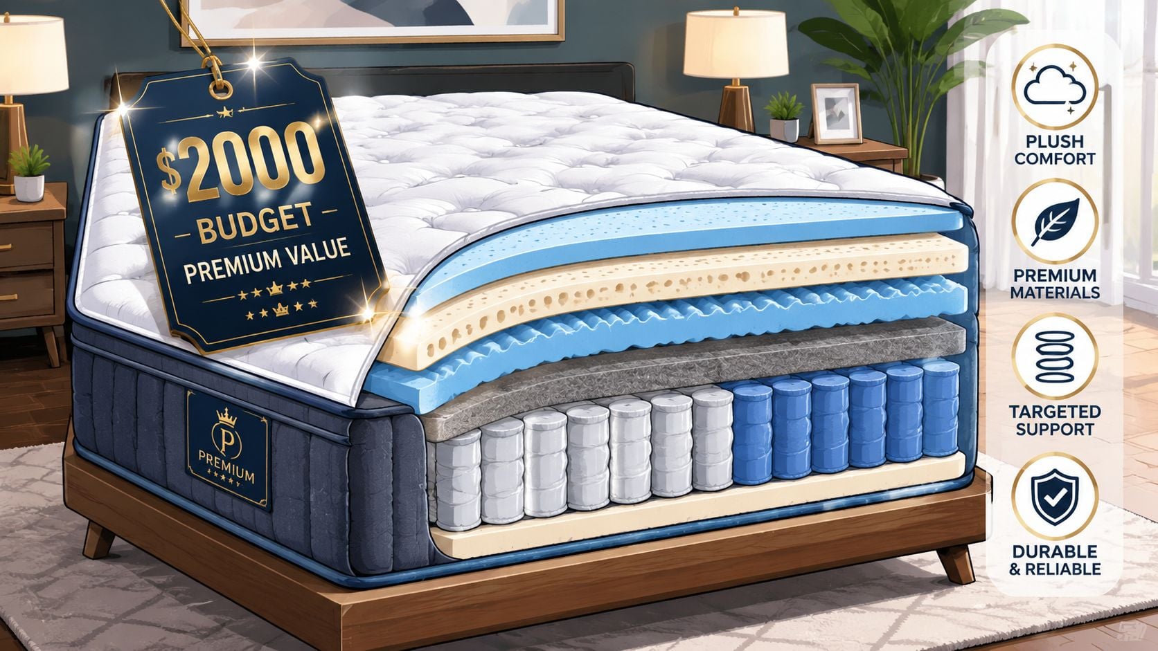A cutaway view of a premium mattress showing internal foam layers and pocketed coil springs.
