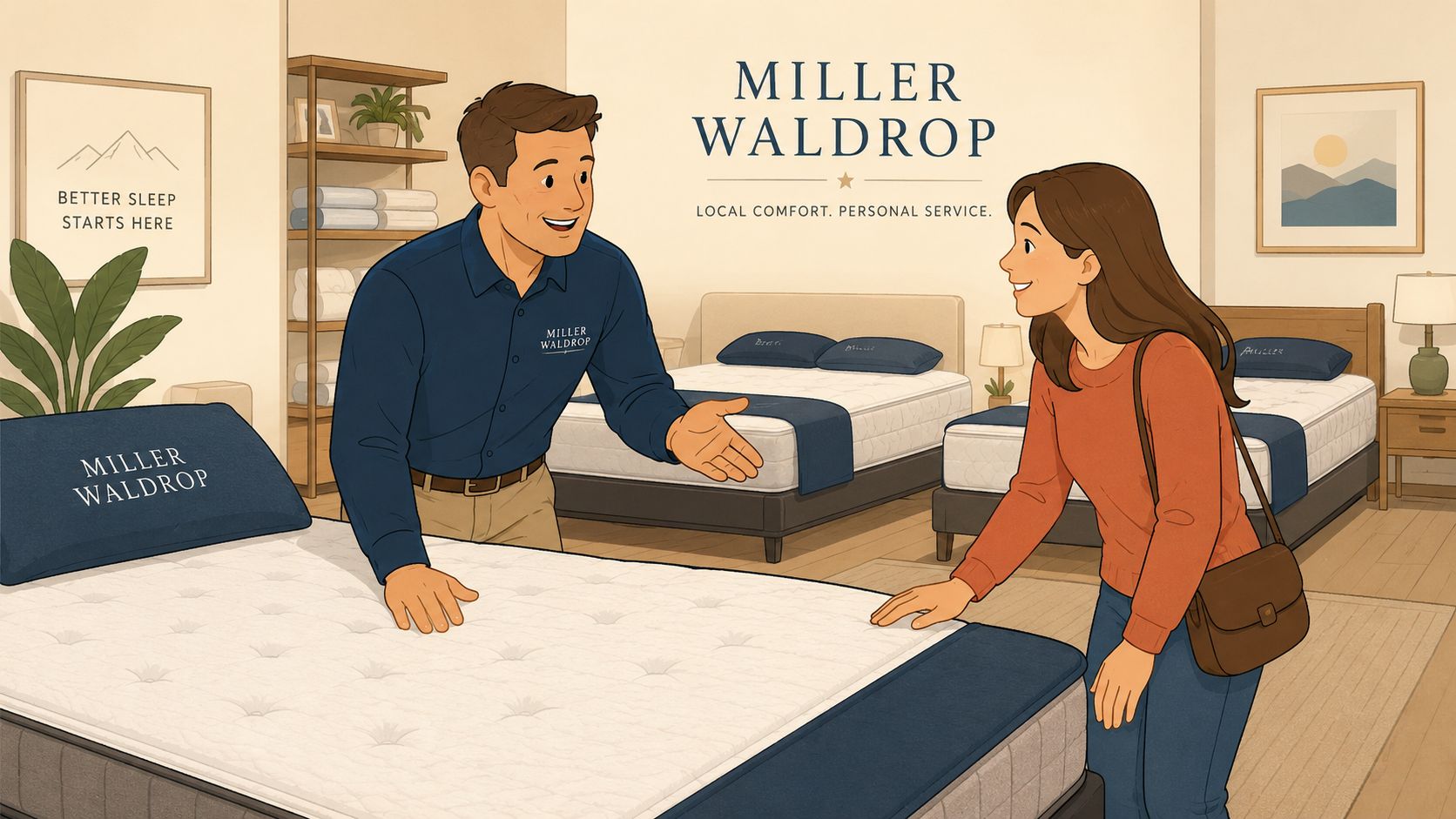 A friendly salesperson assisting a customer with mattress selection in a Miller Waldrop furniture store showroom.