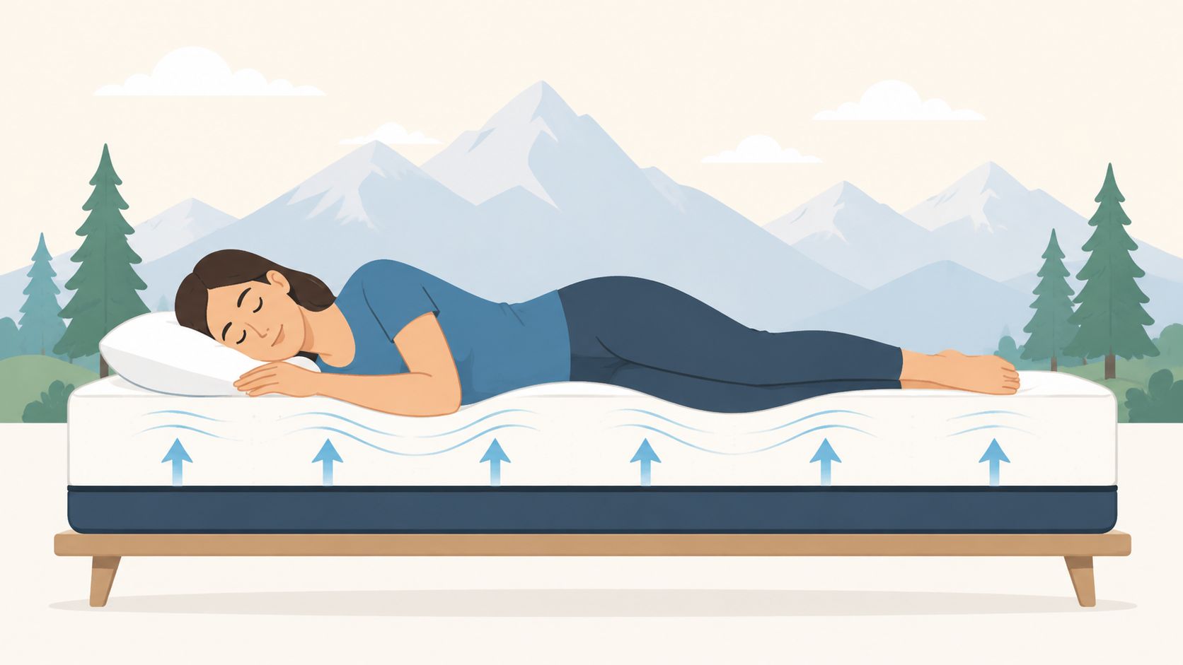 A person sleeping comfortably on a memory foam mattress with upward pressure arrows indicating ergonomic support and relief.