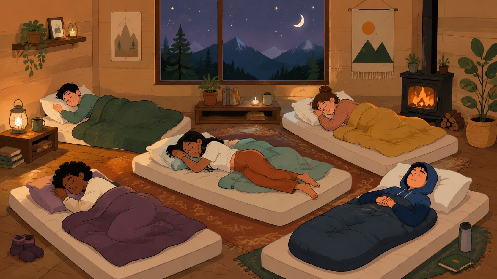 Five people sleeping comfortably on memory foam mattresses on the floor in a cozy cabin at night.