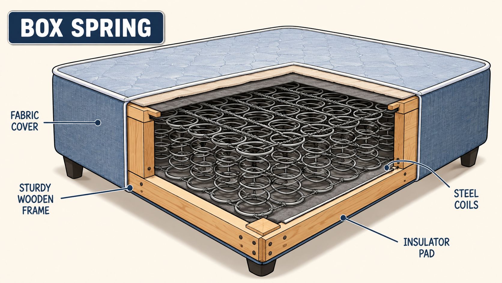 A cutaway illustration showing the interior components of a box spring, including coils, wooden frame, and padding.