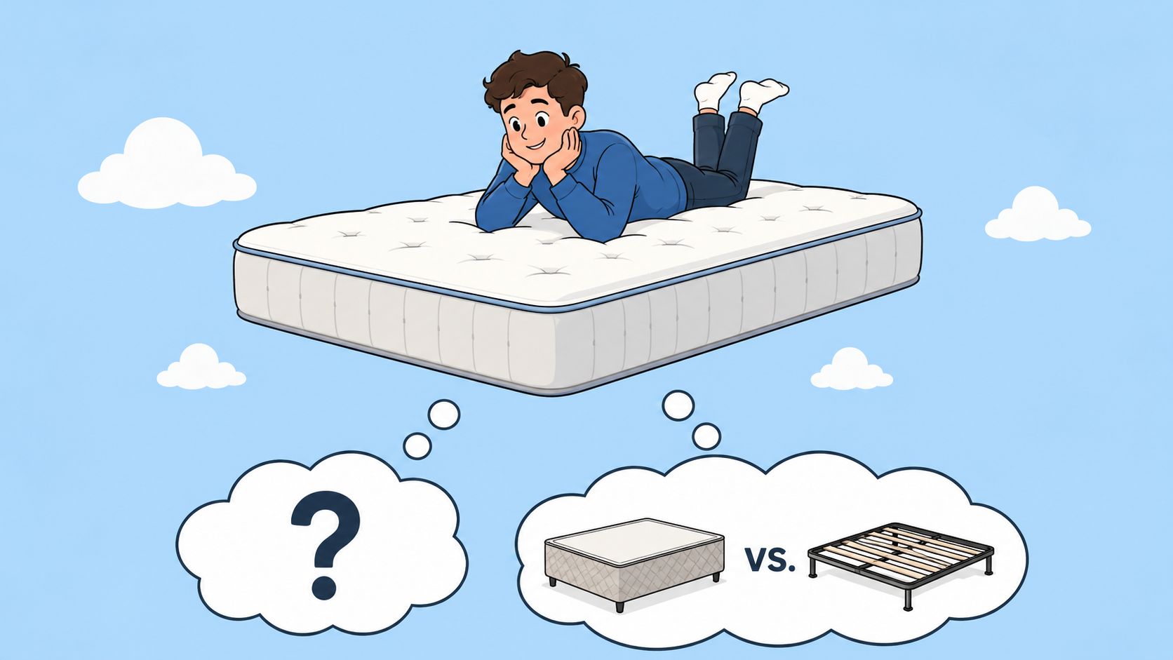 A cartoon illustration of a boy lying on a floating mattress, pondering between a box spring and a foundation.