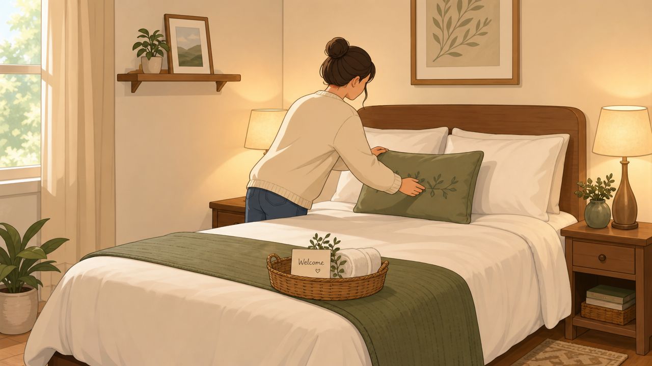 A young woman neatly arranging a decorative green throw pillow on a freshly made guest room bed.