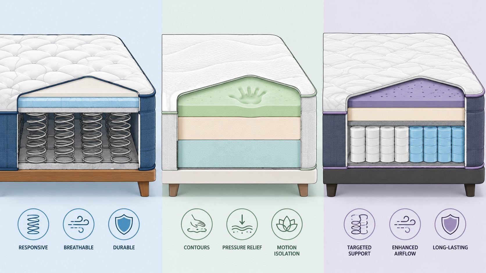 A cross-section illustration showing three different mattress types with icons describing their key features and benefits.