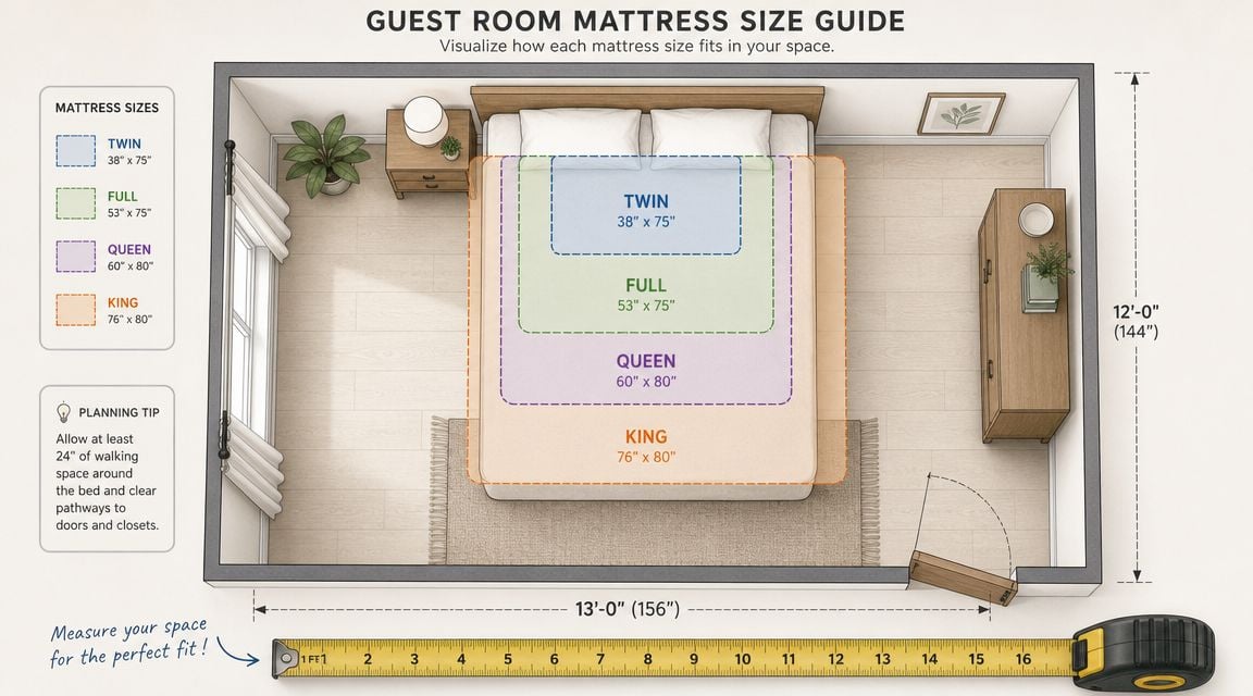 An overhead room layout guide showing mattress sizes including twin, full, queen, and king in a bedroom.