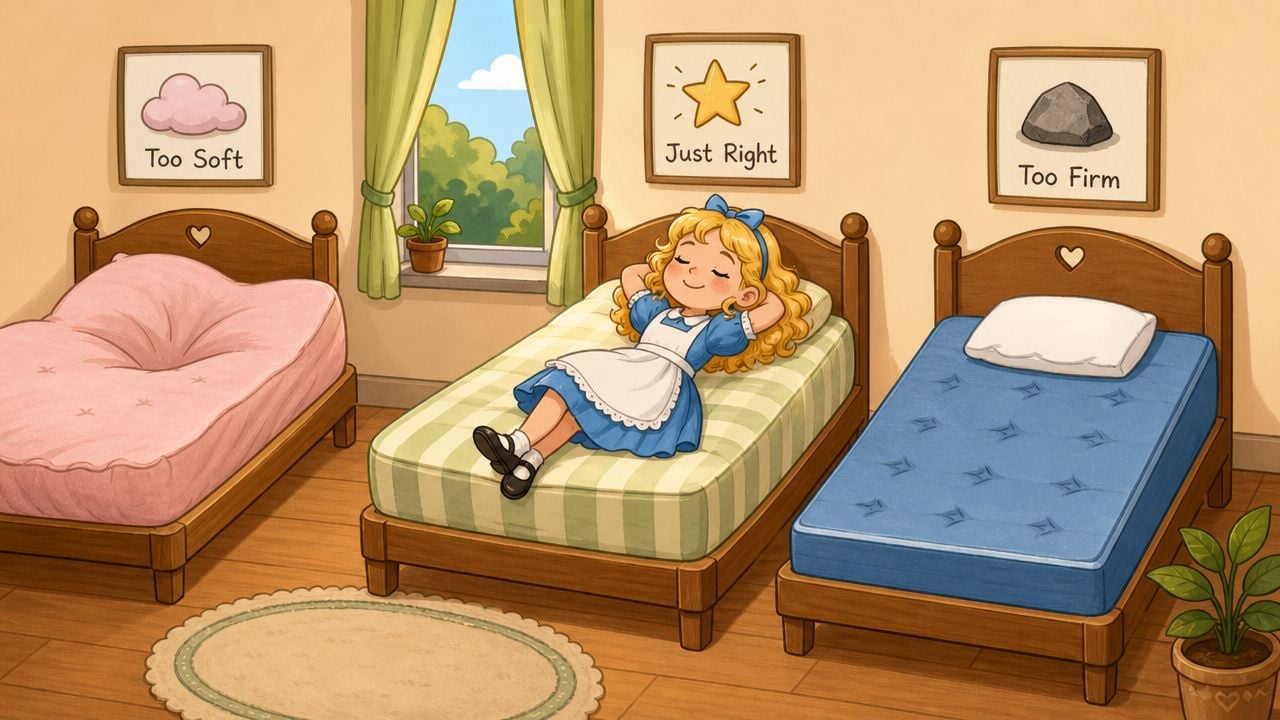 A girl in a blue dress sleeping comfortably on a mattress that is just right for her.