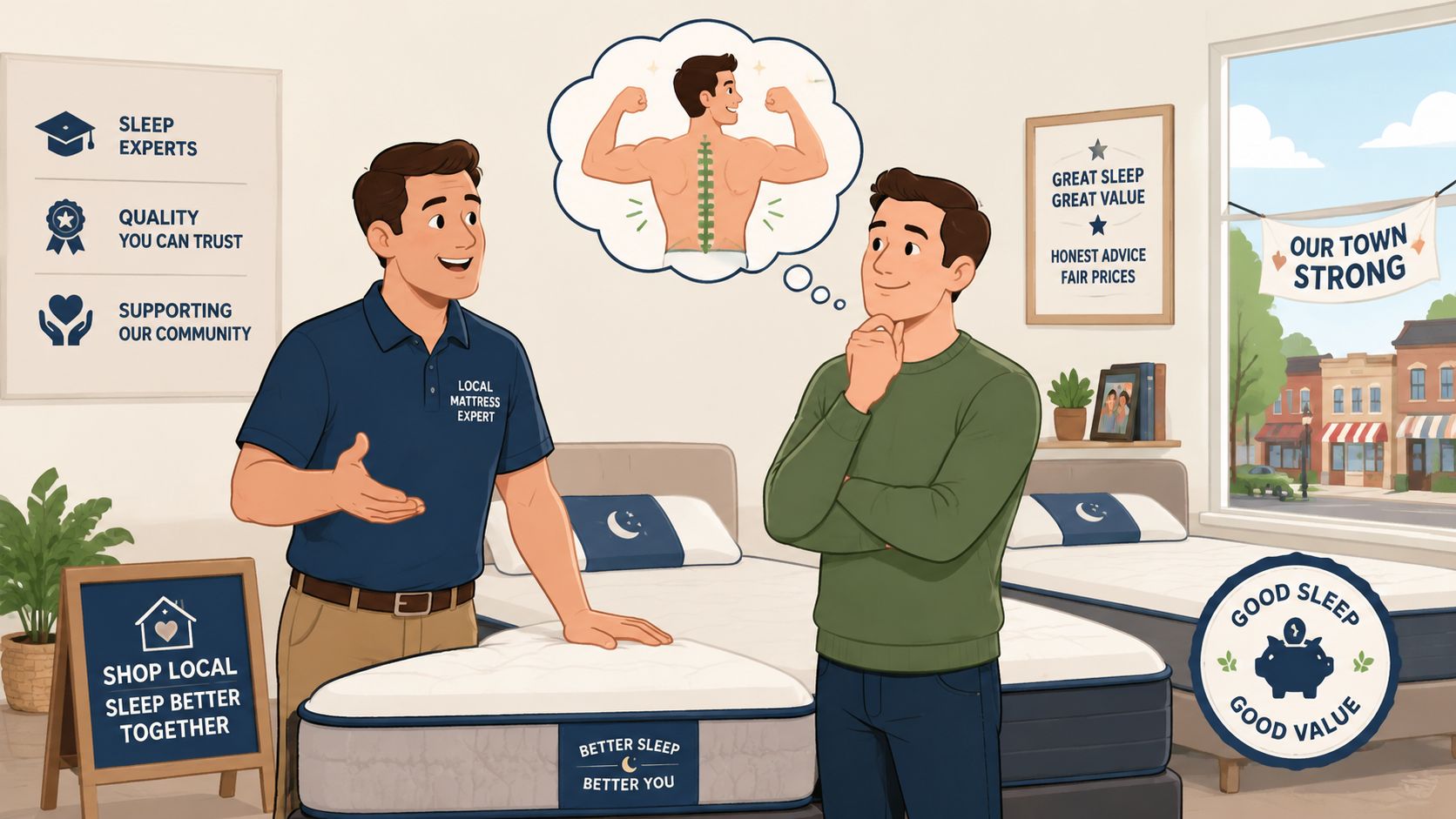 A local mattress store expert advising a customer about choosing a mattress to alleviate back pain.