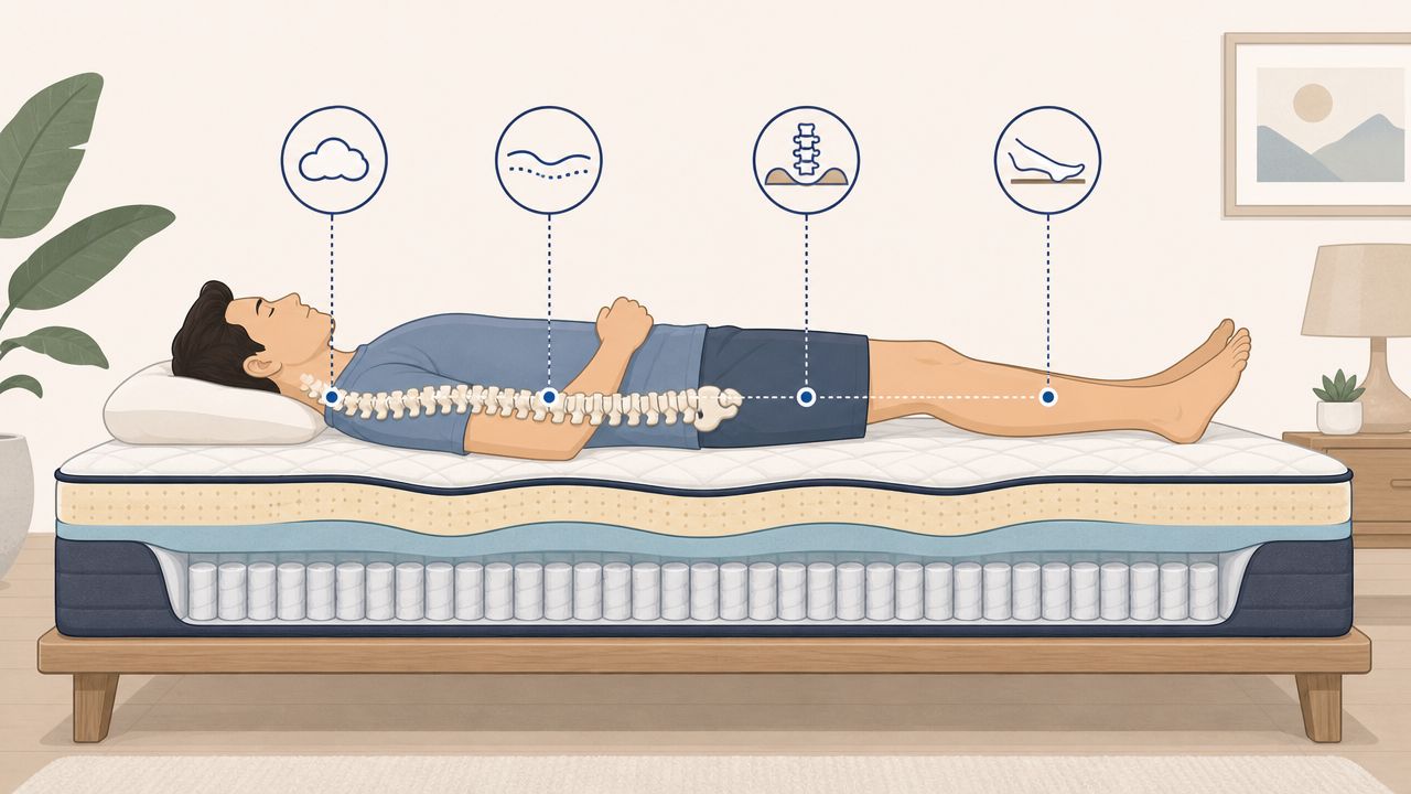 A diagram showing how a mattress supports the human body and maintains proper spinal alignment for sleep.