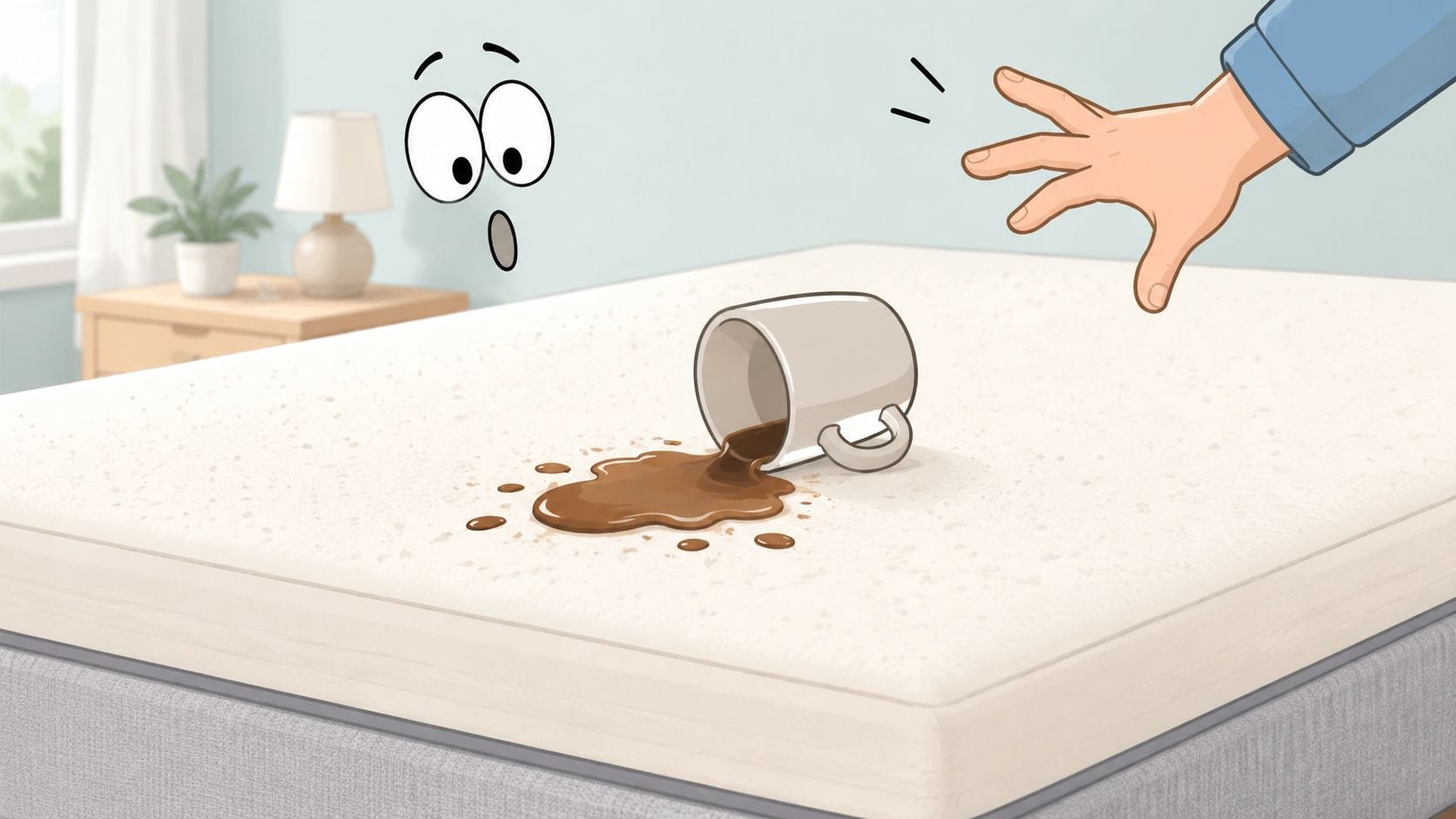 A hand reaching toward a spilled cup of coffee on a clean white memory foam mattress topper.