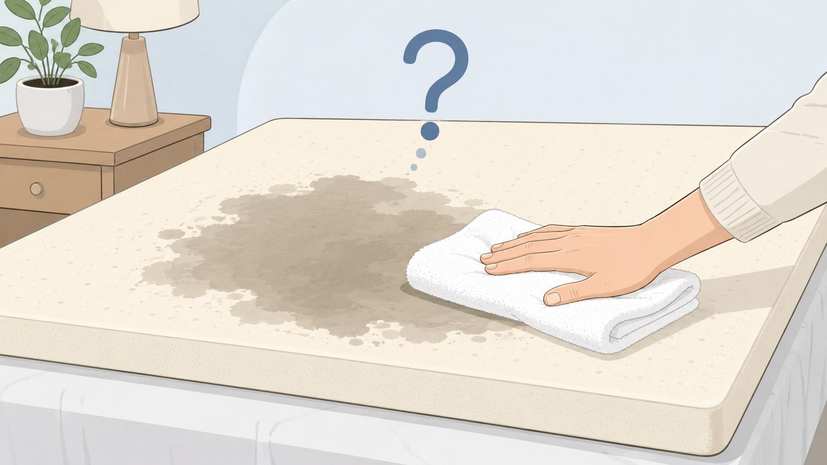 A hand using a white towel to clean a large brown stain on a mattress topper.