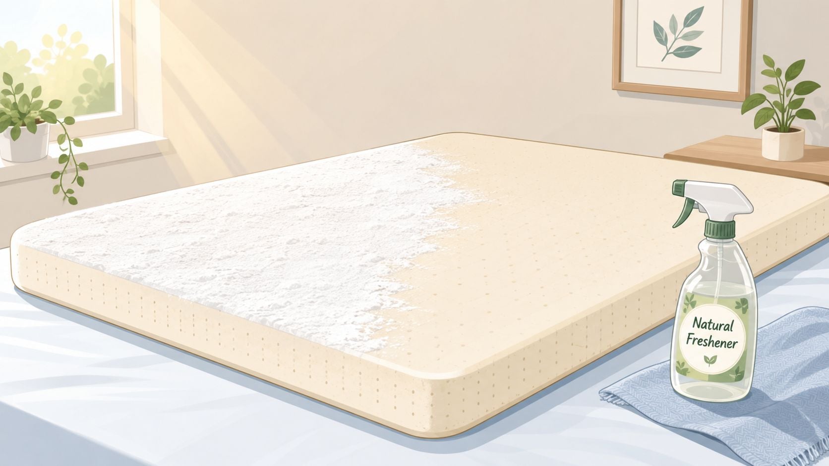 A mattress topper being cleaned with baking powder and a natural freshener spray in a sunny bedroom.